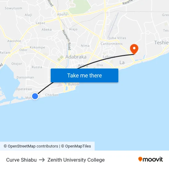 Curve Shiabu to Zenith University College map