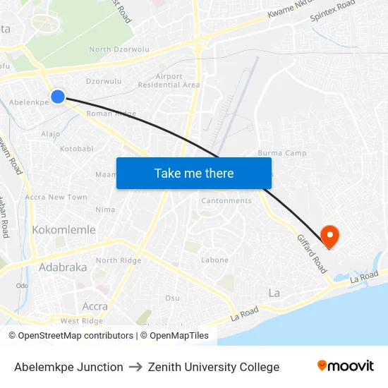 Abelemkpe Junction to Zenith University College map