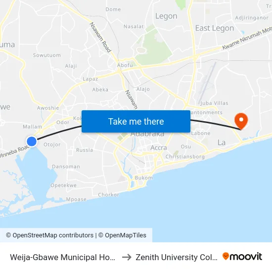 Weija-Gbawe Municipal Hospital to Zenith University College map