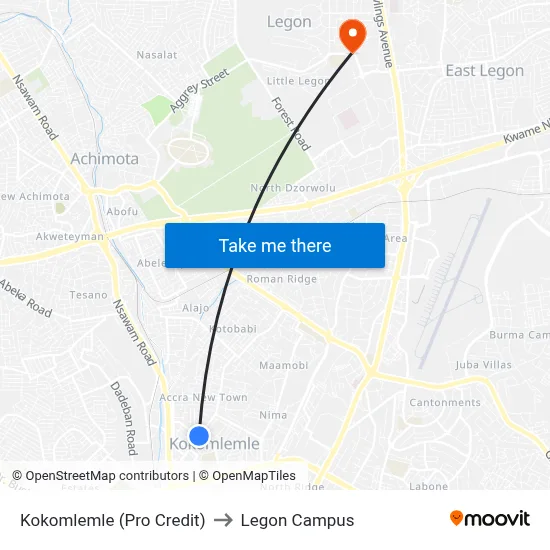 Kokomlemle (Pro Credit) to Legon Campus map