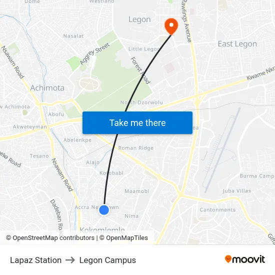 Lapaz Station to Legon Campus map
