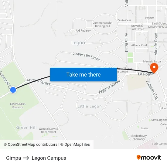 Gimpa to Legon Campus map