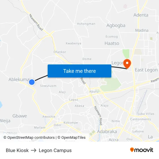 Blue Kiosk to Legon Campus map