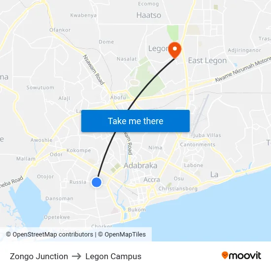 Zongo Junction to Legon Campus map
