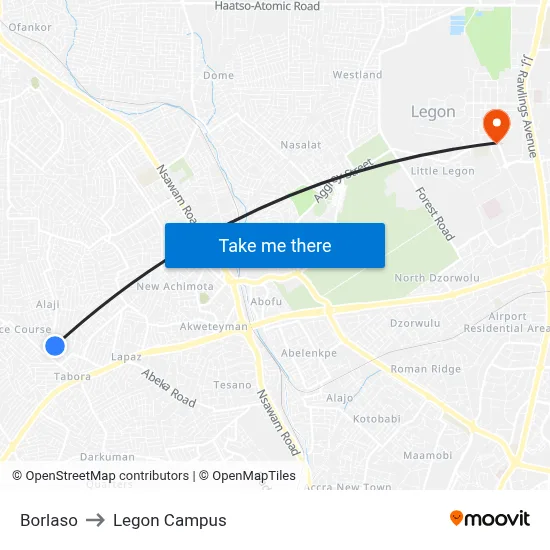 Borlaso to Legon Campus map