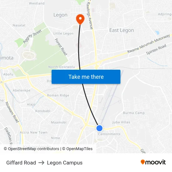 Giffard Road to Legon Campus map