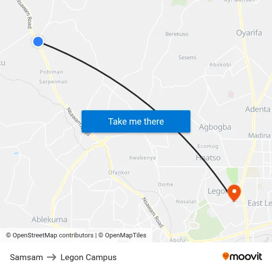Samsam to Legon Campus map