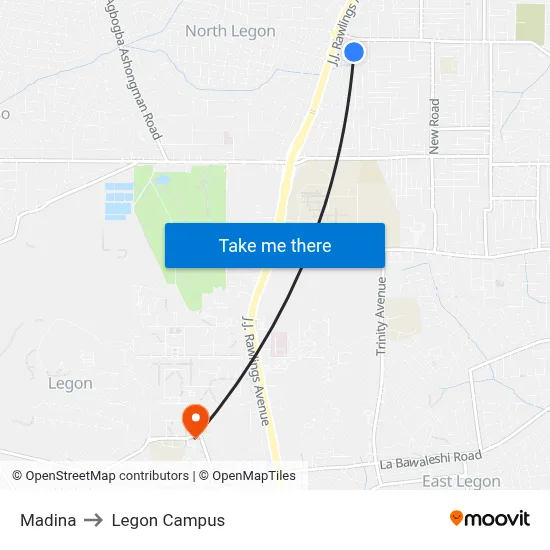 Madina to Legon Campus map