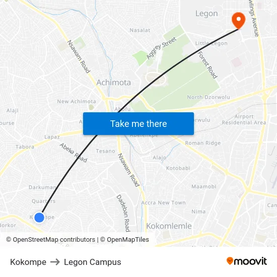 Kokompe to Legon Campus map
