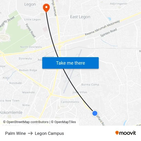 Palm Wine to Legon Campus map