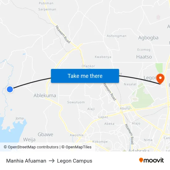Manhia Afuaman to Legon Campus map
