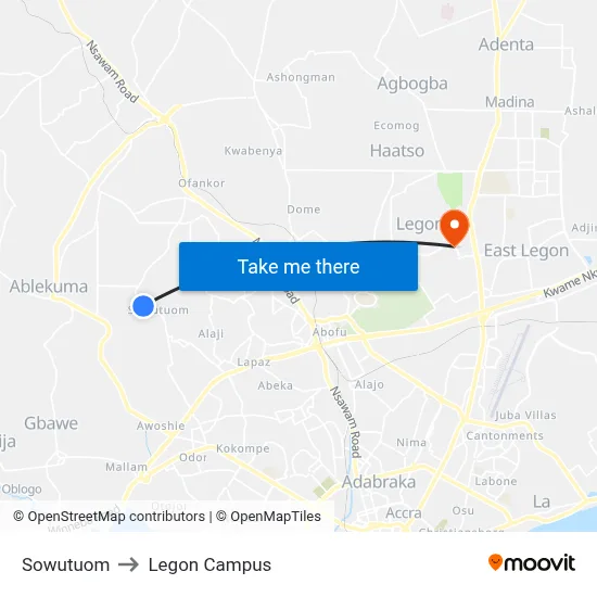 Sowutuom to Legon Campus map