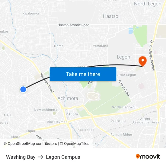 Washing Bay to Legon Campus map