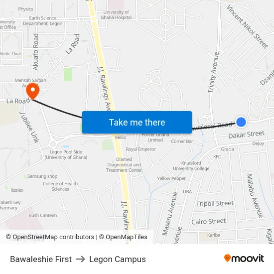 Bawaleshie First to Legon Campus map