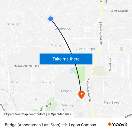 Bridge (Ashongman Last Stop) to Legon Campus map