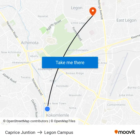 Caprice Juntion to Legon Campus map