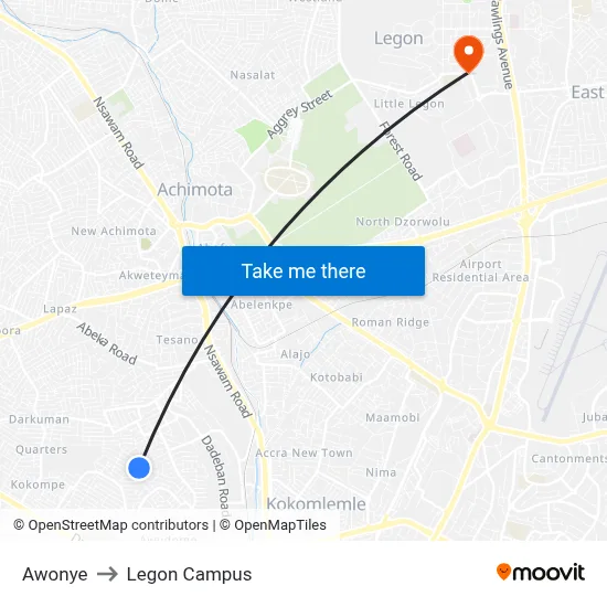 Awonye to Legon Campus map