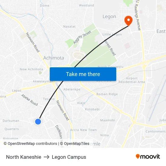 North Kaneshie to Legon Campus map