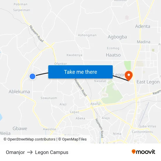 Omanjor to Legon Campus map