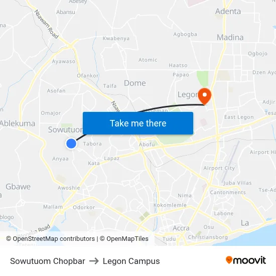 Sowutuom Chopbar to Legon Campus map