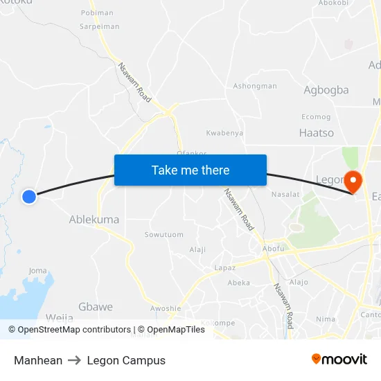 Manhean to Legon Campus map