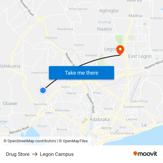 Drug Store to Legon Campus map