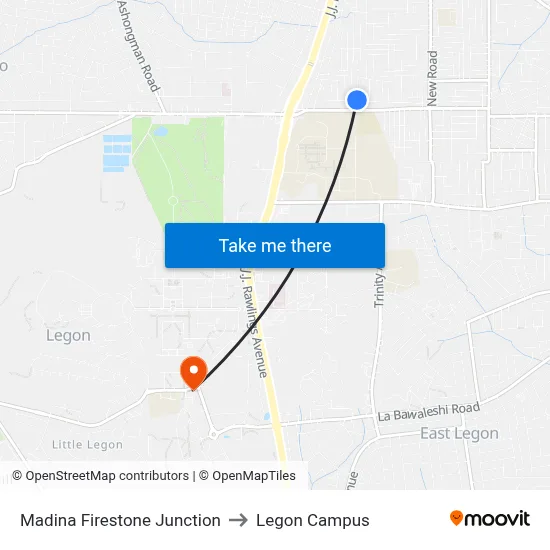 Madina Firestone Junction to Legon Campus map