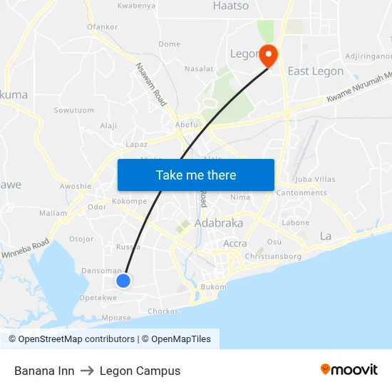 Banana Inn to Legon Campus map