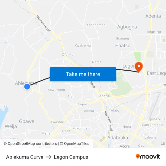 Ablekuma Curve to Legon Campus map