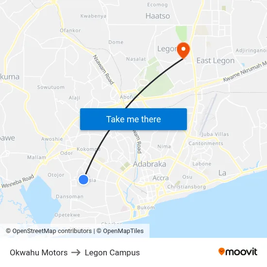 Okwahu Motors to Legon Campus map
