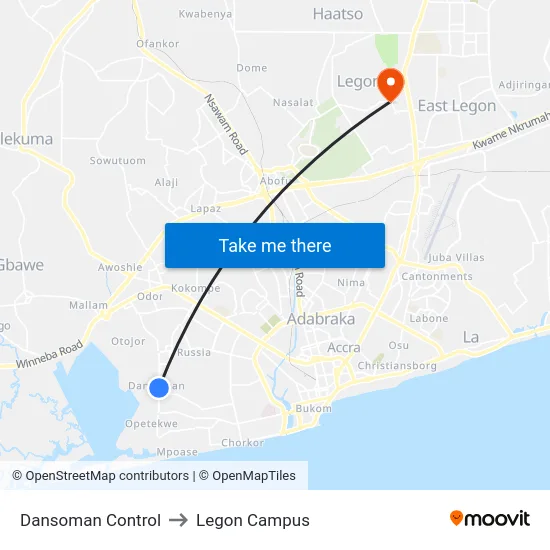 Dansoman Control to Legon Campus map