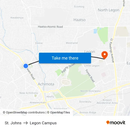 St. Johns to Legon Campus map