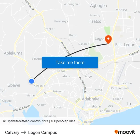 Calvary to Legon Campus map
