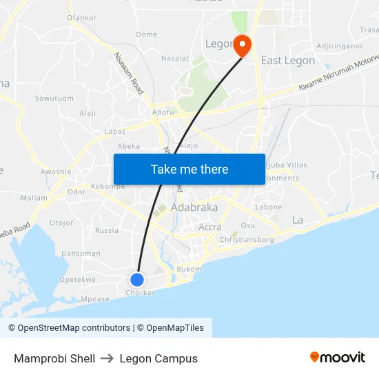 Mamprobi Shell to Legon Campus map