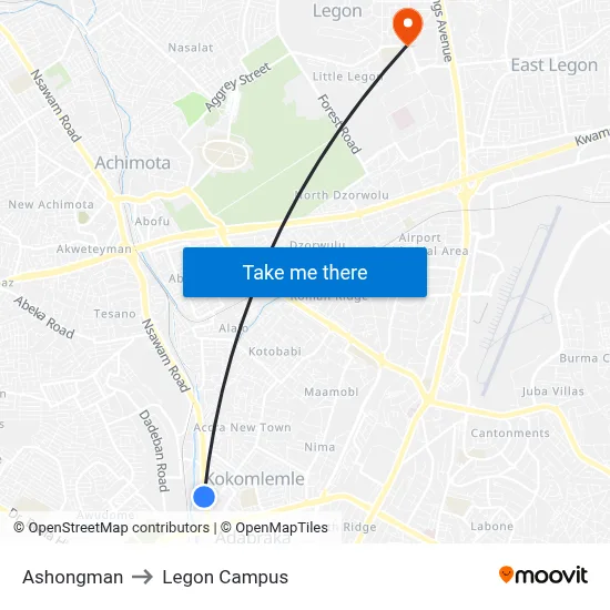 Ashongman to Legon Campus map
