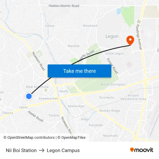 Nii Boi Station to Legon Campus map