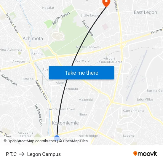 P.T.C to Legon Campus map