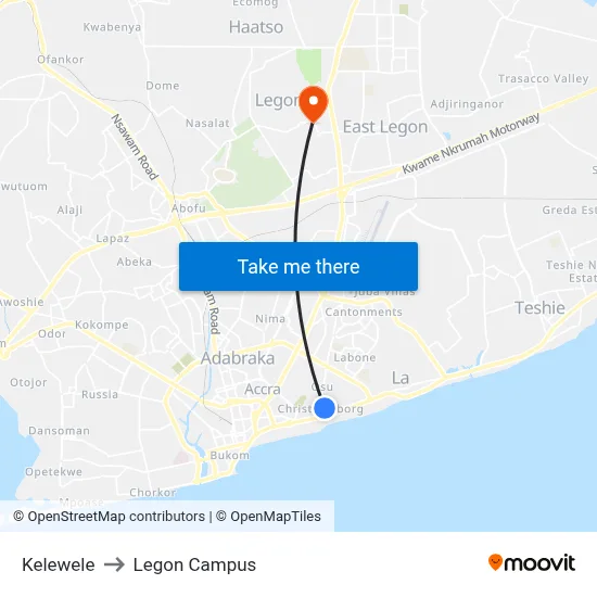 Kelewele to Legon Campus map