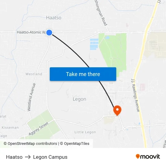 Haatso to Legon Campus map