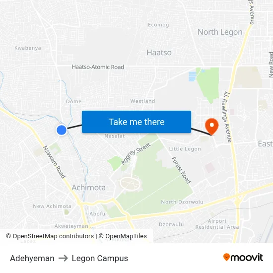 Adehyeman to Legon Campus map