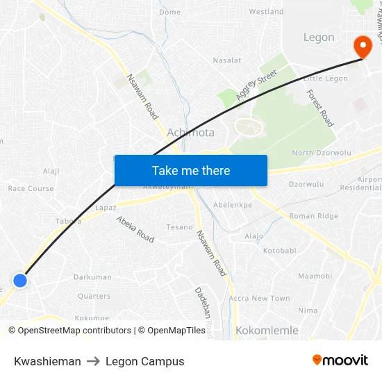 Kwashieman to Legon Campus map