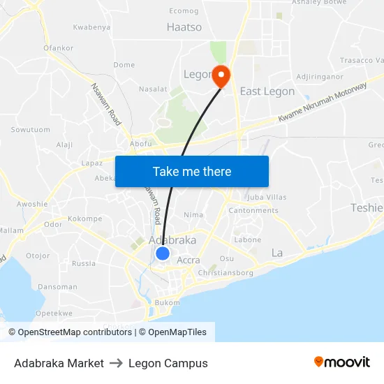 Adabraka Market to Legon Campus map