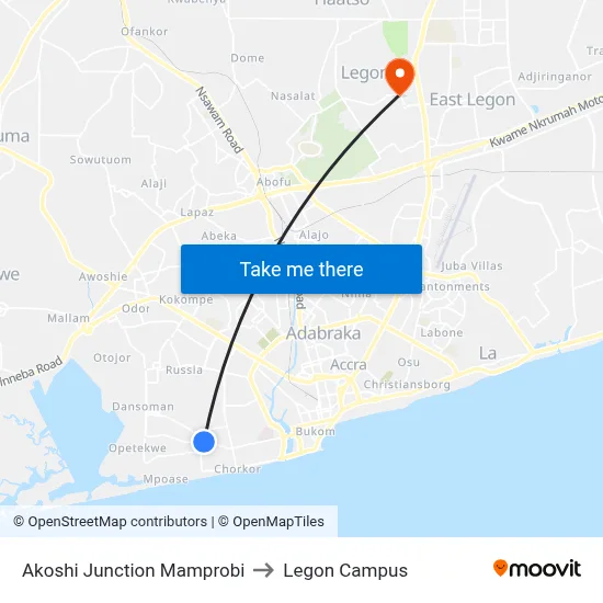 Akoshi Junction Mamprobi to Legon Campus map