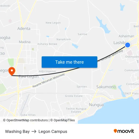 Washing Bay to Legon Campus map