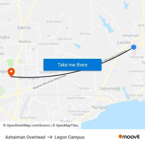 Ashaiman Overhead to Legon Campus map