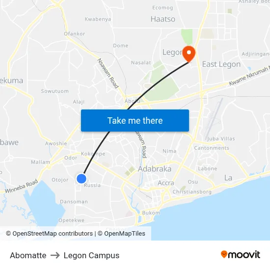 Abomatte to Legon Campus map