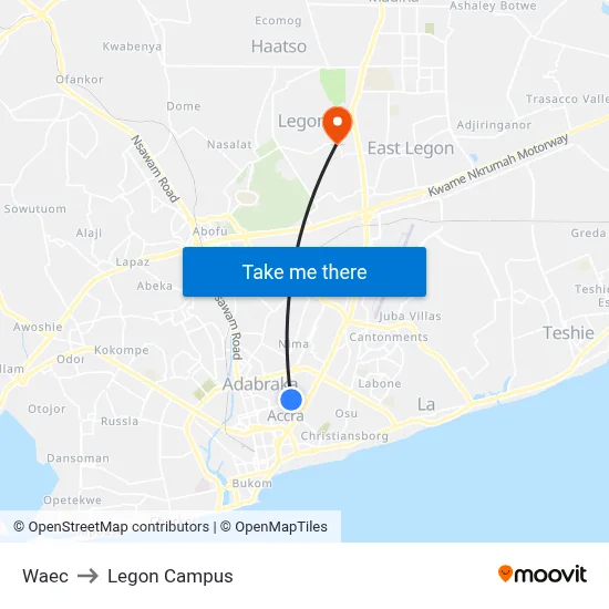 Waec to Legon Campus map
