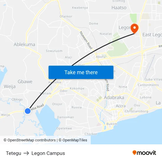 Tetegu to Legon Campus map