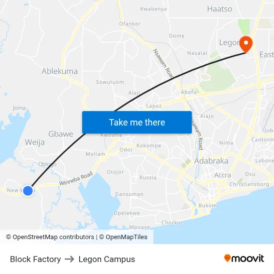 Block Factory to Legon Campus map
