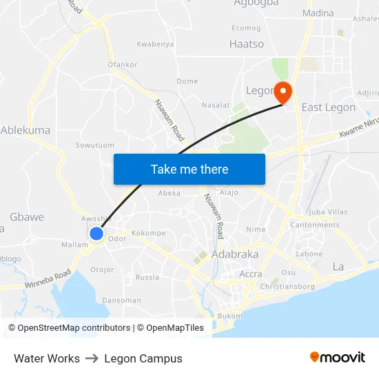 Water Works to Legon Campus map